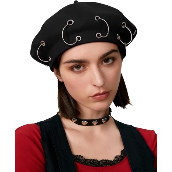 Women\'s Punk Beret Hats 90% Wool Blend Beret Cap Goth Hat main image 5